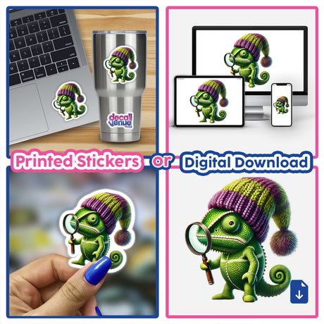 Whimsical green chameleon with magnifying glass and colorful hat, featured on printed stickers, digital downloads, and merchandise from Decal Venue's creative design collection.