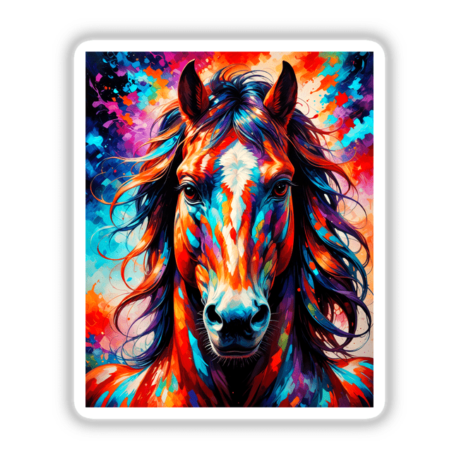A Cute Horse - Animal Portrait: A vibrant painting of a horse with a flowing mane, available as stickers or digital artwork.