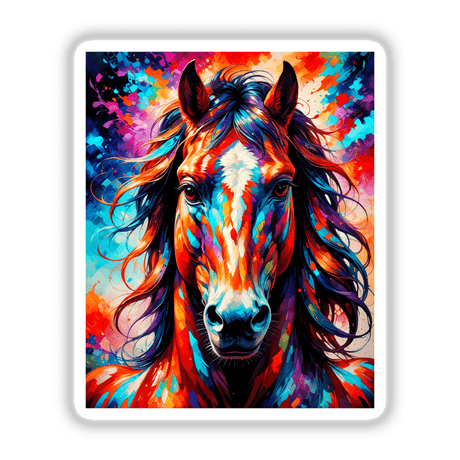 A Cute Horse - Animal Portrait: A vibrant painting of a horse with a flowing mane, available as stickers or digital artwork.