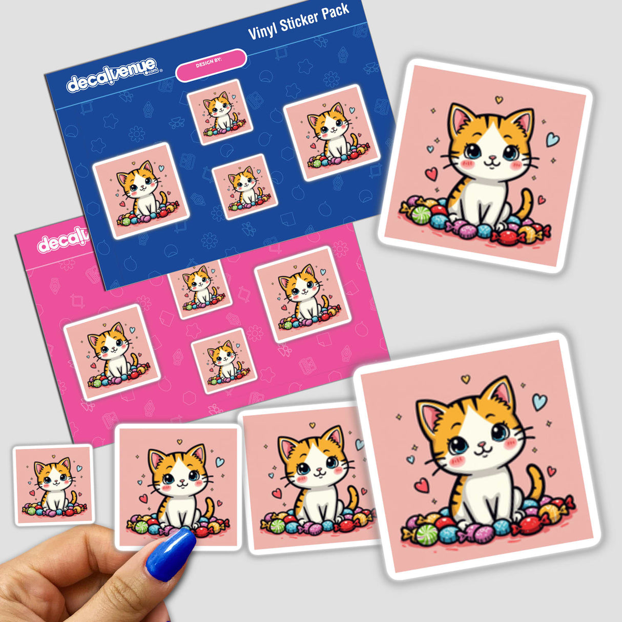 Kawaii cat surrounded by candy in a playful sticker pack. Featuring cartoon cats amidst sweets, this product is available as both stickers and digital artwork. Perfect for fans of whimsical, unique designs.