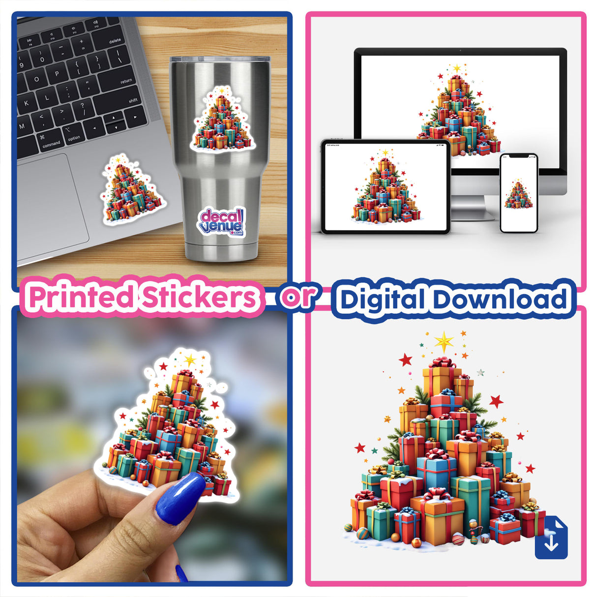 Collage featuring Gifts Pile Christmas Tree with a silver cup, presents, and a blue-painted fingernail. Available as stickers or digital artwork from Decal Venue.