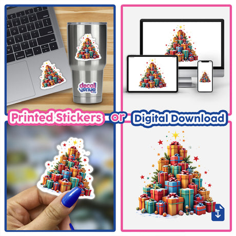 Collage featuring Gifts Pile Christmas Tree with a silver cup, presents, and a blue-painted fingernail. Available as stickers or digital artwork from Decal Venue.