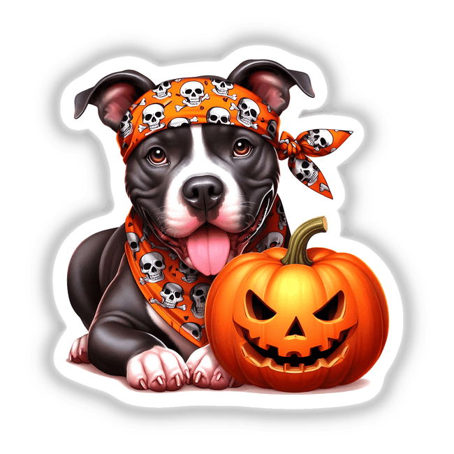 Halloween Pitbull with Skull Bandana and Carved Pumpkin