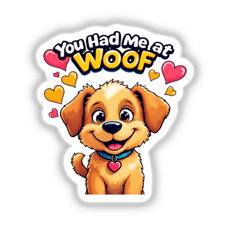 Cartoon of a dog titled Puppy Love with hearts and playful expressions, available as stickers or digital artwork from Decal Venue.