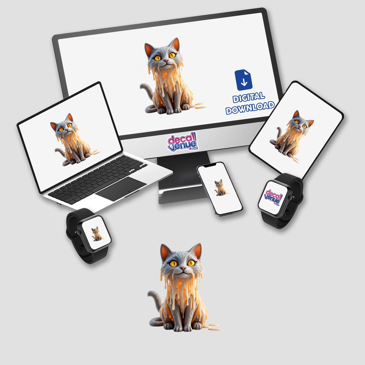 Cat Dripping Candle Wax design displayed on a computer monitor and laptop, showcasing the unique sticker or digital artwork available from Decal Venue. A cartoon cat appears with melted wax details.