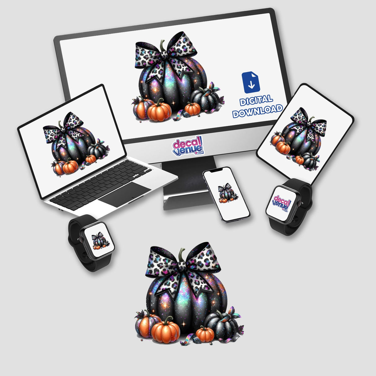 Prismatic Leopard Coquette Bow Pumpkin digital artwork displayed on a computer monitor, laptop, and cellphone, featuring pumpkins with bows, available as unique stickers or digital art from Decal Venue.