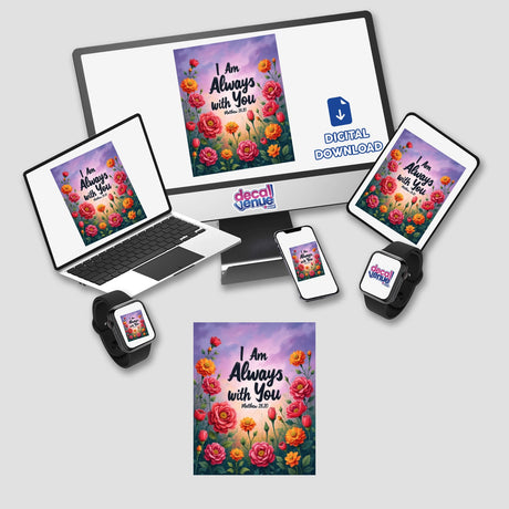 Fauvist Spring Marigold “I Am Always With You” Matthew 28:20 Sticker or Clipart displayed on digital devices, showcasing vibrant floral design for versatile use.