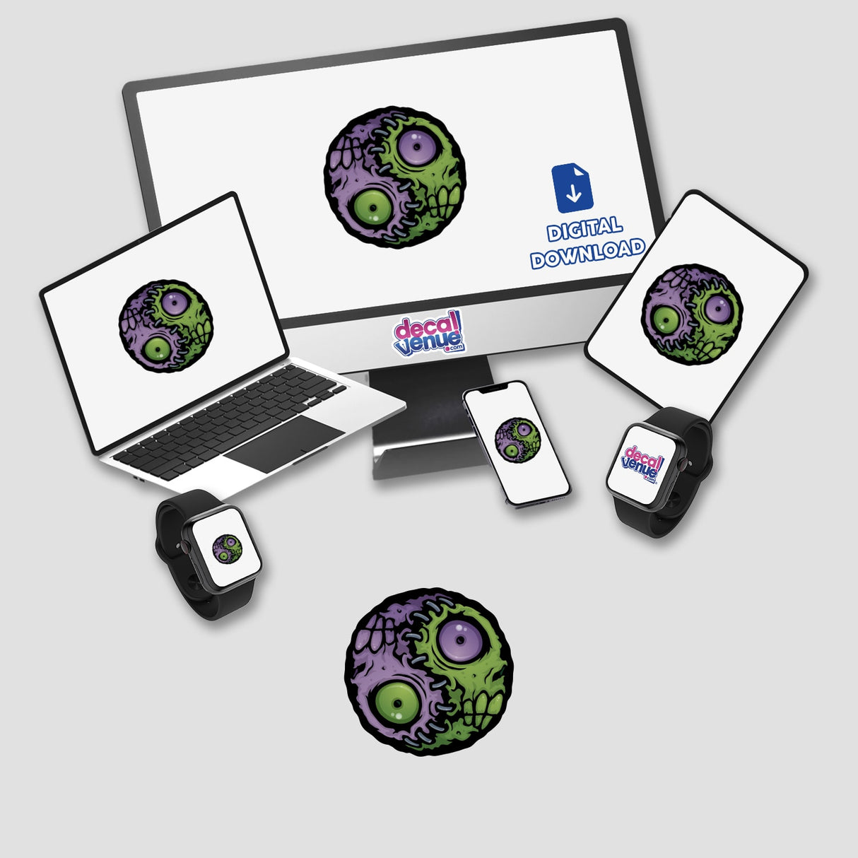 Zombie Yin-Yang sticker featuring a cartoon zombie face and a yin-yang symbol, displayed on a computer monitor, laptop, and smartwatch, part of Decal Venue's unique sticker collection.