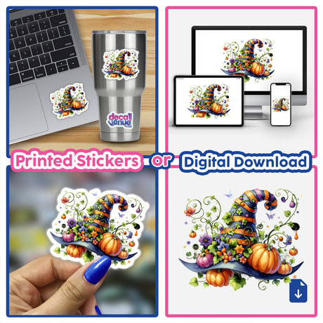 Collage featuring a laptop adorned with the Halloween Hat with Pumpkins and Vines sticker, showcasing Decal Venue's unique style of digital art and sticker design.