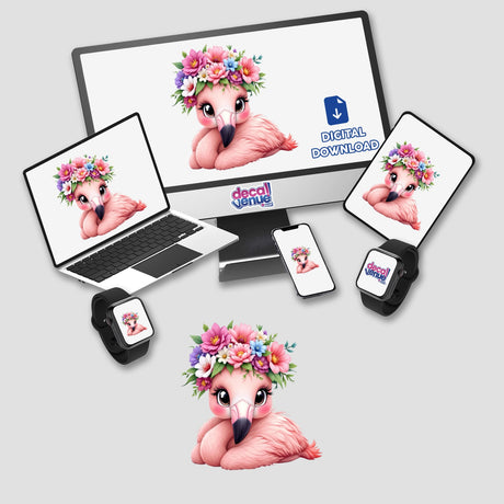 Adorable Flamingo with a Flower Crown displayed on a laptop and a smartwatch, showcasing whimsical flamingo illustrations perfect for decor enhancements.