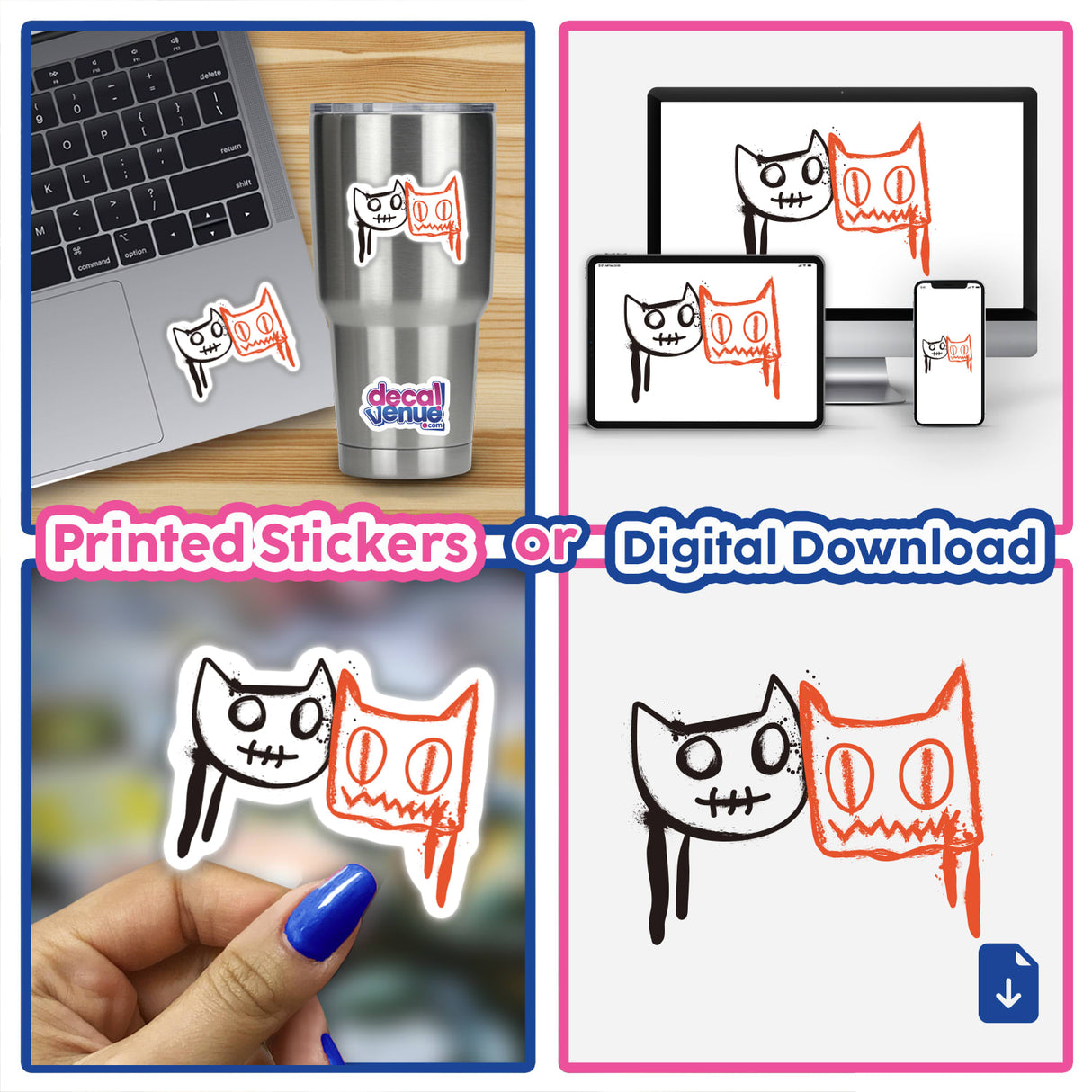 Collage of Black and orange splat cats stickers and digital artwork, featuring various cat images on laptops, monitors, and close-ups of hands holding cat face stickers.