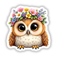 Whimsical Owl with a Spring Flower Crown, a cartoon owl adorned with vibrant flowers on its head, perfect as a sticker or digital art from Decal Venue.