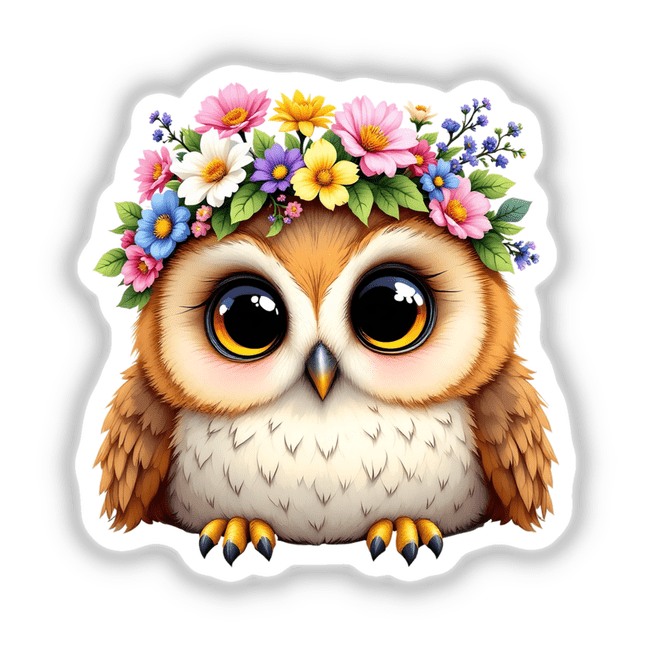 Whimsical Owl with a Spring Flower Crown, a cartoon owl adorned with vibrant flowers on its head, perfect as a sticker or digital art from Decal Venue.