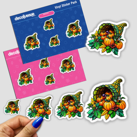 Cornucopia Stained Glass Style sticker featuring pumpkins, leaves, and a cornucopia, available as stickers or digital artwork from Decal Venue.