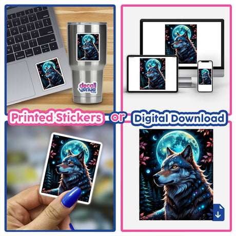 A Wolf In The Night With A Bright Moon sticker, featuring a wolf silhouette against a starry sky and moon, available as vinyl stickers or digital artwork.
