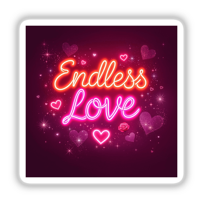 Endless Love Romantic Neon Display features a vibrant neon sign with heart and star motifs, available as stickers or digital artwork, epitomizing Decal Venue's unique vinyl and digital art offerings.