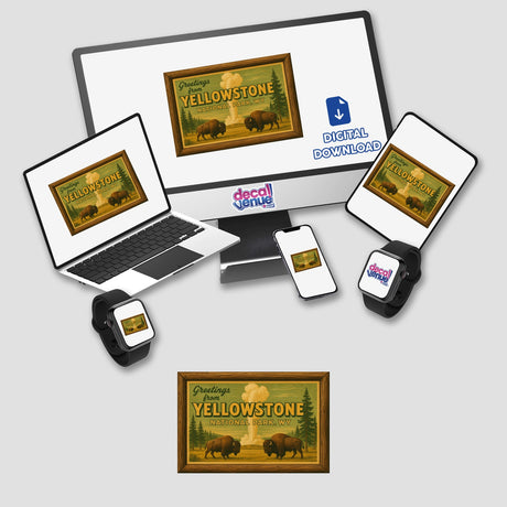 Greetings from Yellowstone Postcard Sticker or Clipart with Commercial Rights - Vintage Park Art, showcasing a retro design of Yellowstone, available as stickers or digital artwork, perfect for vintage art enthusiasts.
