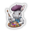 a white rabbit with a purple hat and a paint palette