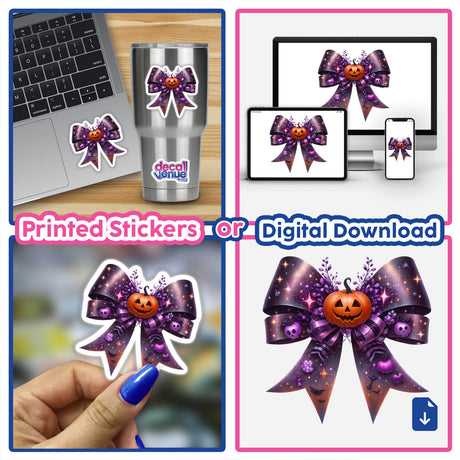 Purple Coquette Bow w/ Pumpkin - collage featuring stickers and digital artwork of a purple bow with a pumpkin, showcased on various devices including a laptop and cell phone.