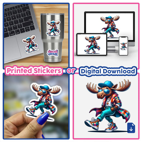 Hipster Moose collage featuring cartoon moose with sunglasses and hat, available as stickers or digital artwork.