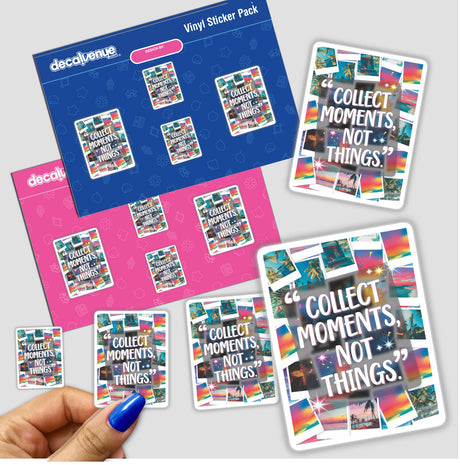 Sticker pack titled Collect moments, not things, held by a hand with blue nail polish. Features a mix of vibrant designs, embodying Decal Venue's unique vinyl stickers and digital art offerings.