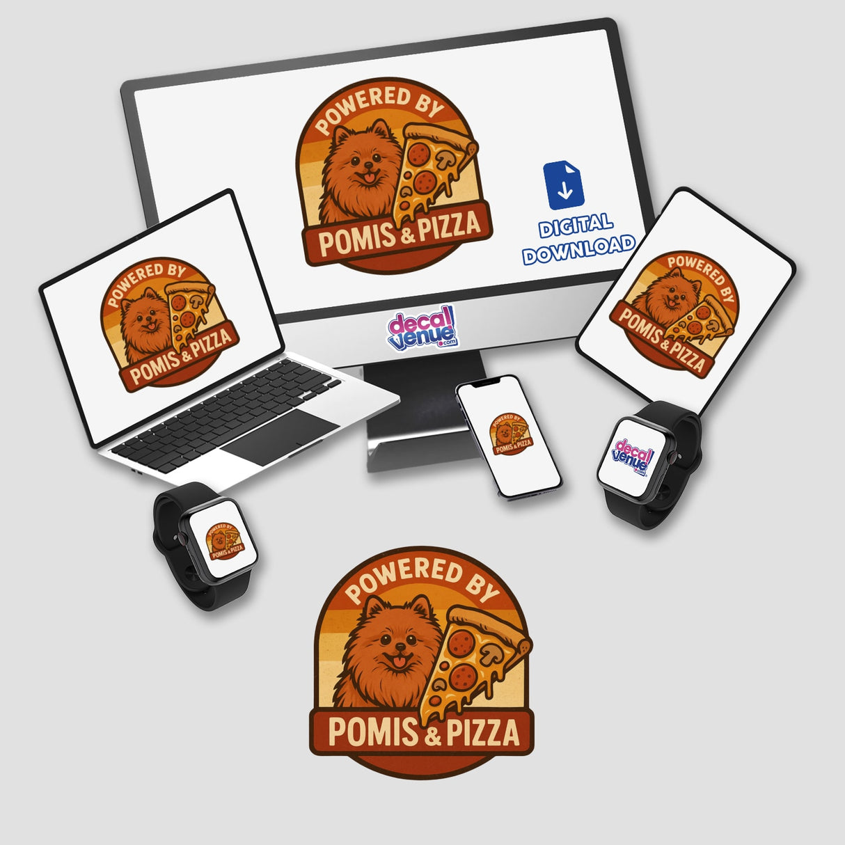 Pomeranian Pizza Lover Sticker or Clipart features a whimsical Pomeranian with pizza slices, embodying the playful spirit of Pomis & Pizza Design, available as stickers or digital artwork.
