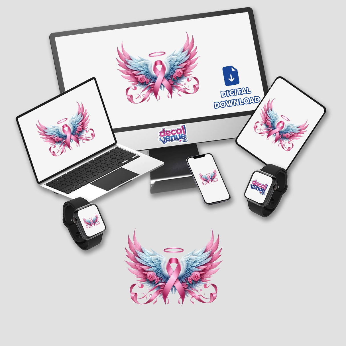Angel Wings Pink Cancer Ribbon Adorned w/Roses on a computer monitor, laptop, phone, and smartwatch, available as stickers or digital artwork from Decal Venue.