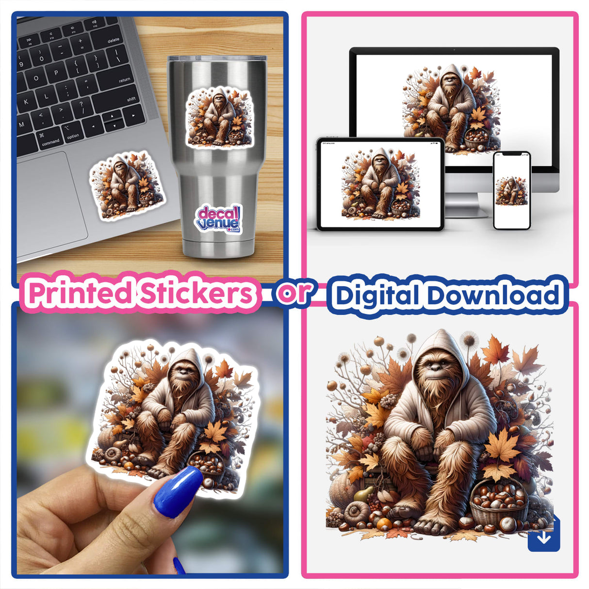 Autumn Sasquatch in Cozy Sweater - Unique digital artwork featuring a Sasquatch character surrounded by fall foliage, available as printed stickers or digital download from Decal Venue.