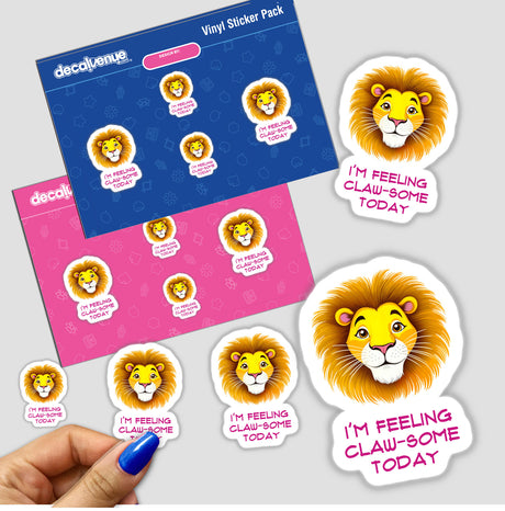 Cartoon lion stickers with I'm Feeling Claw-Some Today quote, featuring playful lion illustrations. Available as stickers or digital artwork, highlighting Decal Venue's unique vinyl sticker collection.