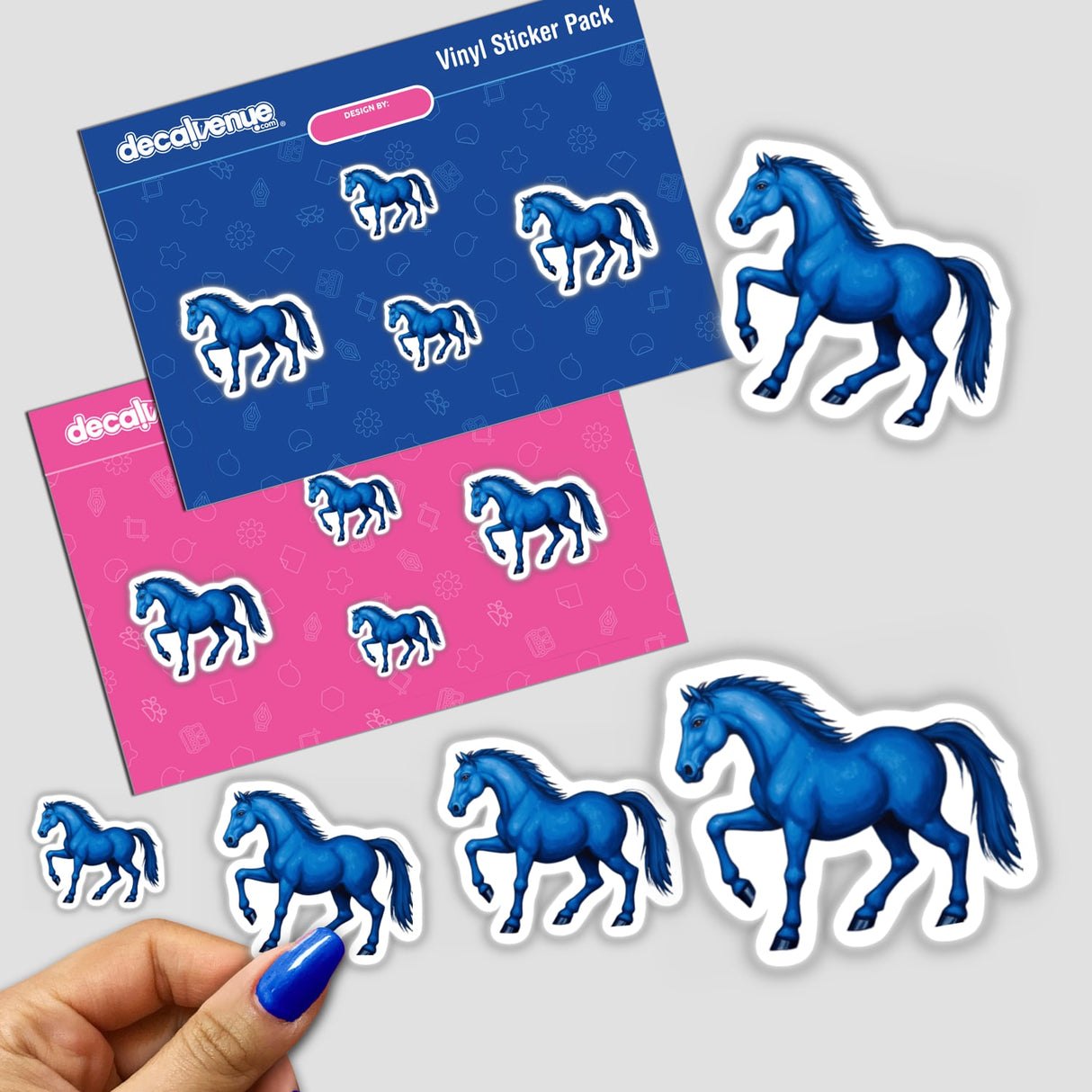 Vibrant Blue Horse Clipart - Stickers or Commercial Use Download, featuring a hand holding a sticker depicting a blue horse with a long tail.