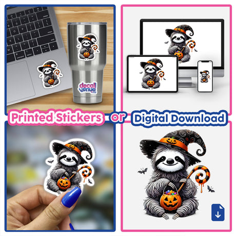 Halloween Sloth Trick or Treat Pumpkin stickers and digital artwork featuring a cartoon sloth holding a candy basket, available from Decal Venue.
