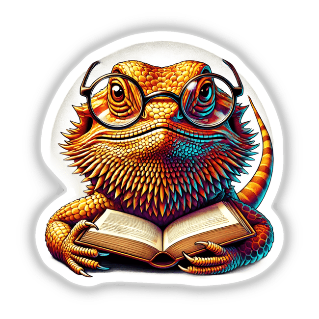 Bearded Dragon With Reading Glasses Open Book: A whimsical illustration featuring a bearded dragon wearing glasses and engrossed in a book, offered as unique stickers or digital art.