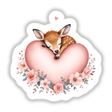 Sleeping Deer on a Heart: A cartoon deer peacefully sleeps on a heart adorned with flowers, available as stickers or digital art, from Decal Venue's unique collection.