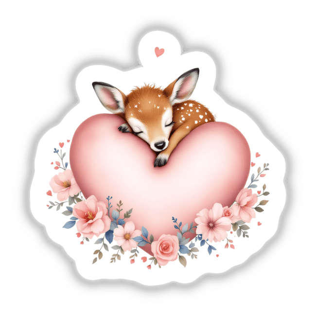 Sleeping Deer on a Heart: A cartoon deer peacefully sleeps on a heart adorned with flowers, available as stickers or digital art, from Decal Venue's unique collection.