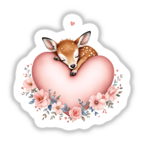 Sleeping Deer on a Heart: A cartoon deer peacefully sleeps on a heart adorned with flowers, available as stickers or digital art, from Decal Venue's unique collection.