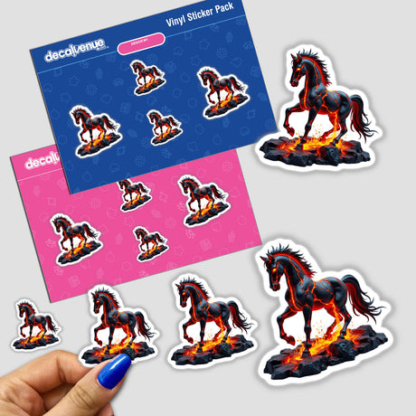 Molten Lava Horse stickers featuring dynamic horse illustrations with red flames, available as vibrant decals or digital artwork, embody unique and creative designs from Decal Venue.