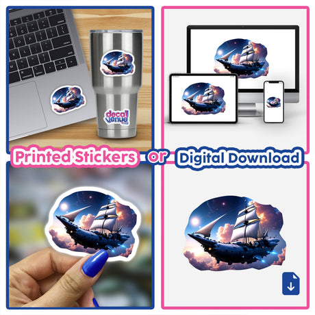 A Cool Retro Pirate Sailing Spaceship sticker displayed on a laptop, showcasing a detailed ship with sails amidst pink clouds, available as both a sticker and digital artwork.