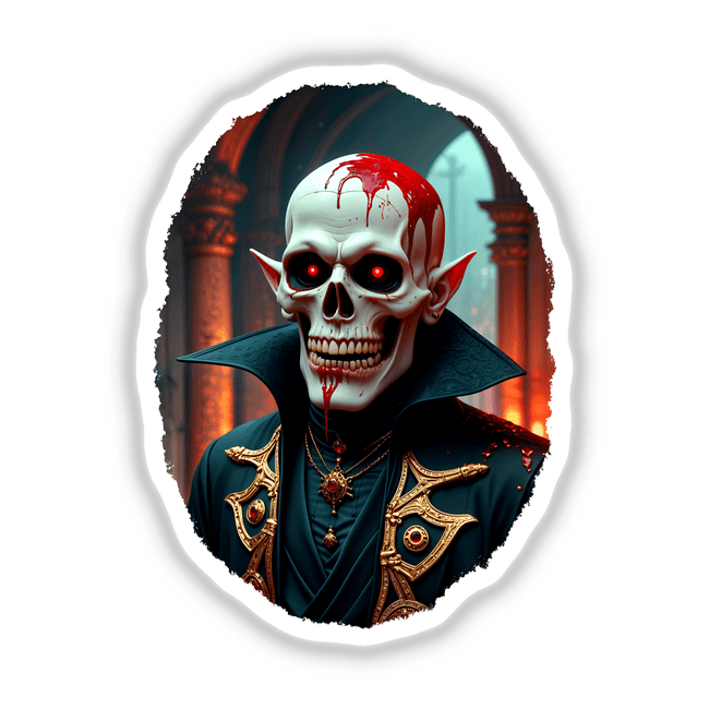 Demon of the Underworld: A cartoon skeleton with blood details, featuring red eyes. Available as unique stickers or digital artwork from Decal Venue.