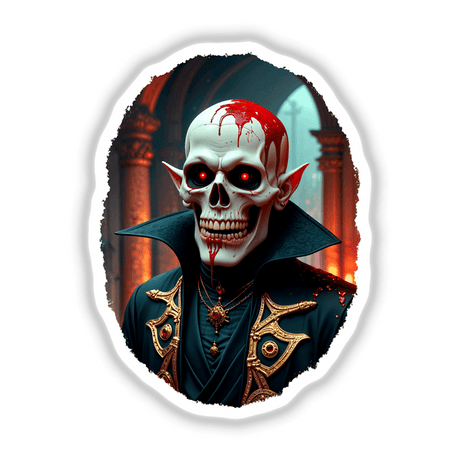 Demon of the Underworld: A cartoon skeleton with blood details, featuring red eyes. Available as unique stickers or digital artwork from Decal Venue.