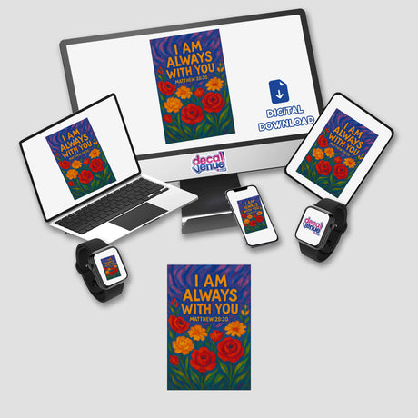 I Am Always With You Christian Sticker or Clipart features a floral design with the Matthew 28:20 verse, available as stickers or digital artwork for commercial use.