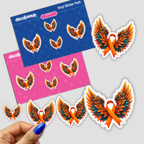 Orange Awareness Ribbon with Wings stickers displayed with a hand holding one, showcasing their unique design. Available as stickers or digital artwork, embodying Decal Venue's signature style of distinct vinyl creations.