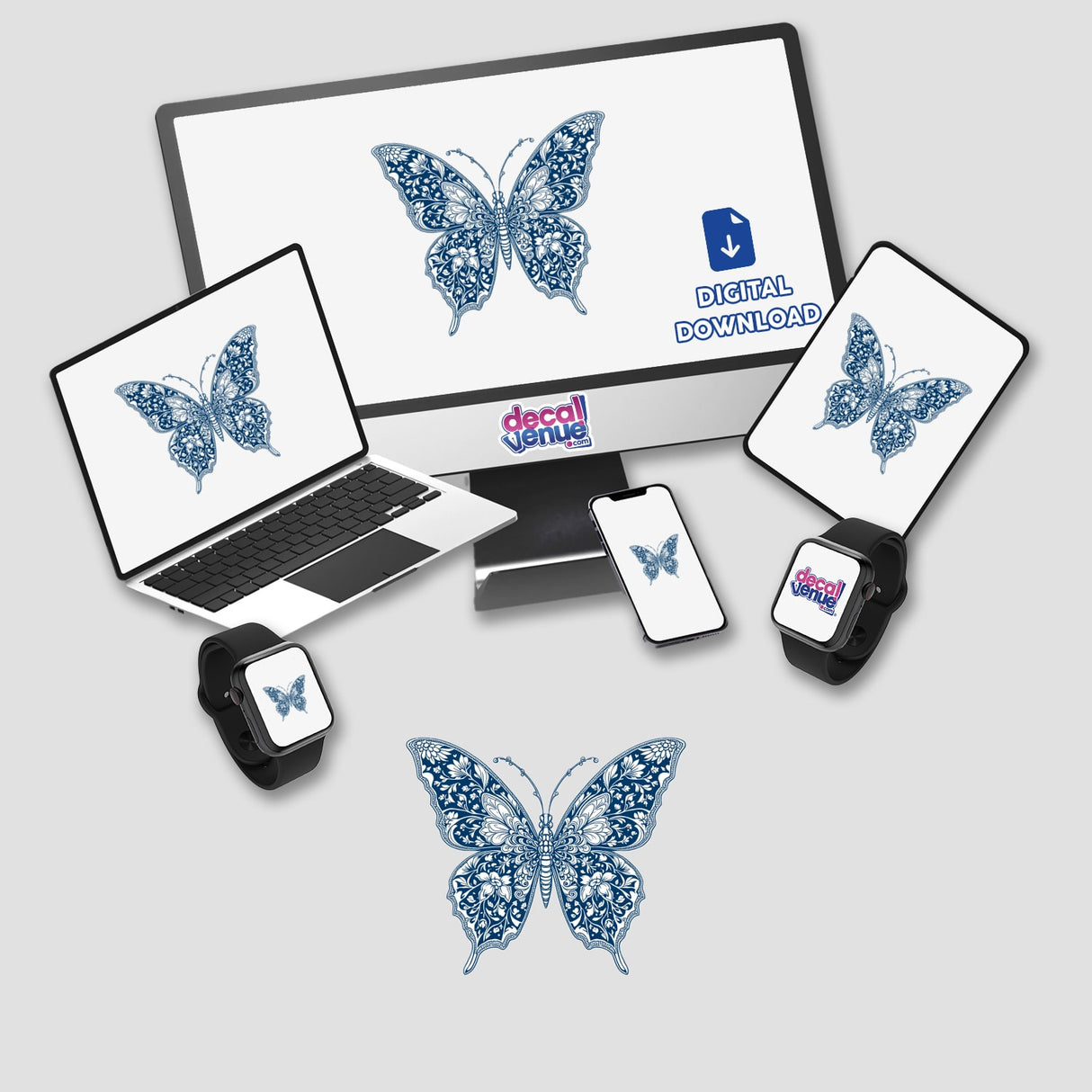 Chinoiserie Butterfly design displayed on a computer monitor and laptop screen, showcasing intricate butterfly art, available as stickers or digital artwork from Decal Venue.