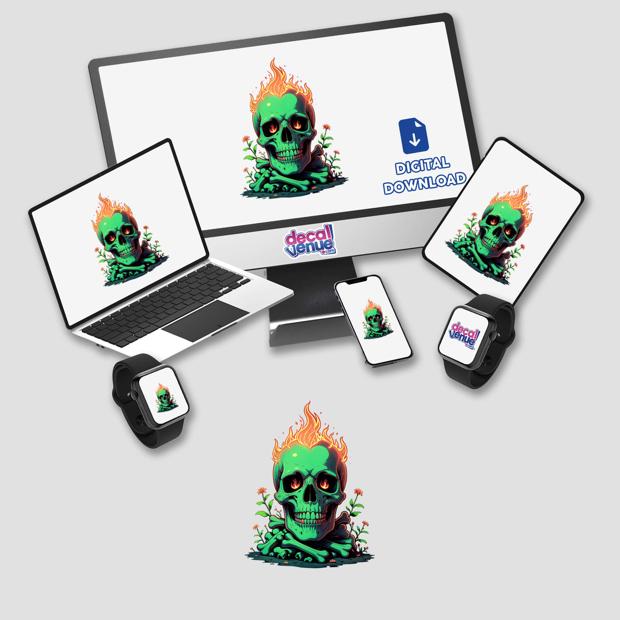 A Skull And Bones On Fire design displayed on a laptop, showcasing a vibrant skull with flames, available as stickers or digital artwork from Decal Venue.