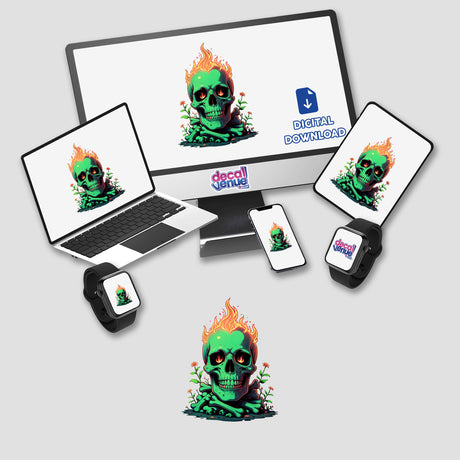 A Skull And Bones On Fire design displayed on a laptop, showcasing a vibrant skull with flames, available as stickers or digital artwork from Decal Venue.