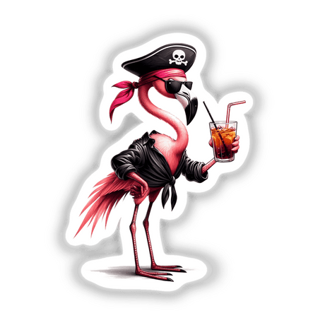 Pirate Flamingo Bird w/ Drink: A cartoon of a flamingo sporting a pirate hat and sunglasses, holding a drink, available as stickers or digital artwork.