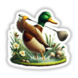 Mallard Duck Golfing on Pond: A whimsical artwork featuring a mallard duck holding a golf club by the water, available as stickers or digital artwork from Decal Venue.