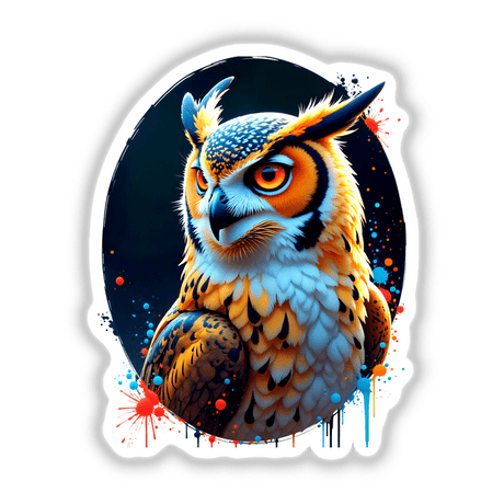 A Cool Hybrid Hawk Owl depicted in vibrant digital artwork, showcasing intricate feather details and eye close-up, available as stickers or digital art at Decal Venue.