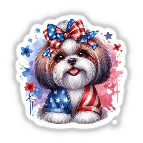 Patriotic Shih Tzu Dog American Flag III: Cartoon of a Shih Tzu dog wearing a bow, available as stickers or digital artwork.
