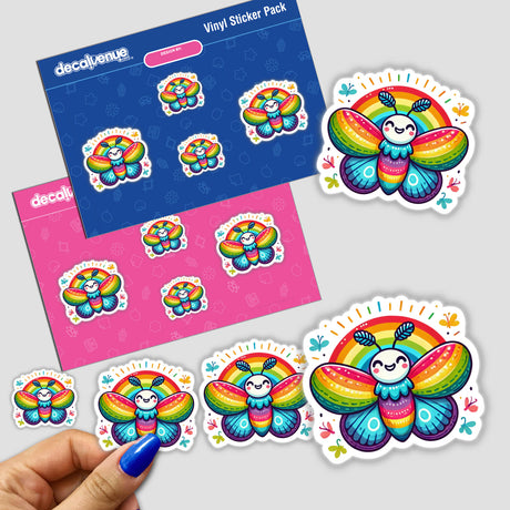 Hand holding a sticker from the Colorful Rainbow Moth collection, featuring vibrant cartoon butterflies with rainbow wings. Available as stickers or digital artwork.