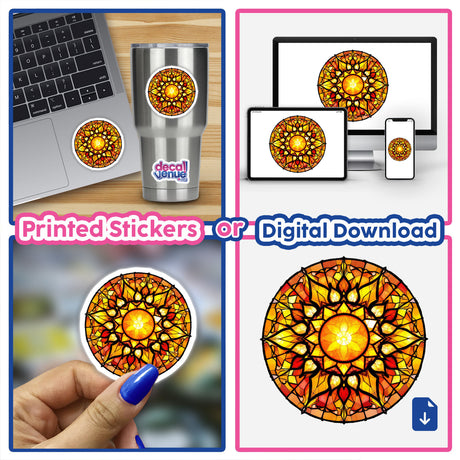 Sun Stained Glass Style laptop decals, featuring intricate circular stained glass designs, available as unique stickers or digital artwork from Decal Venue.